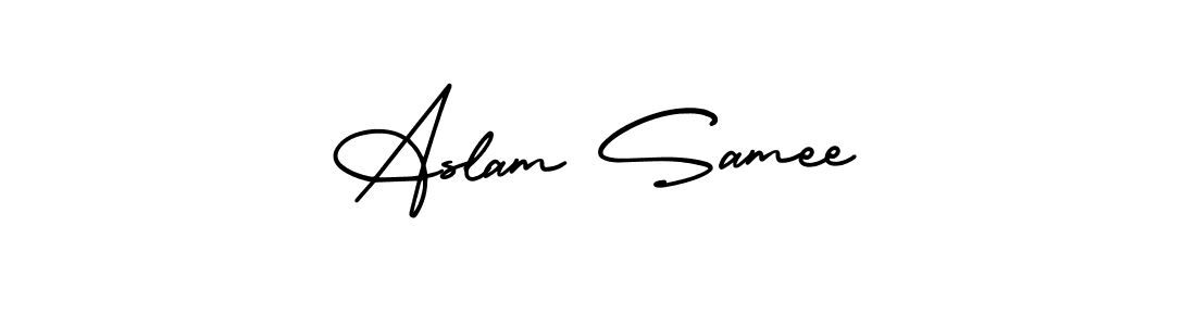 This is the best signature style for the Aslam Samee name. Also you like these signature font (AmerikaSignatureDemo-Regular). Mix name signature. Aslam Samee signature style 3 images and pictures png