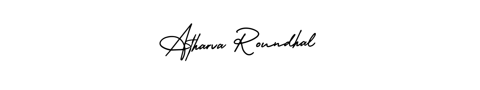 You should practise on your own different ways (AmerikaSignatureDemo-Regular) to write your name (Atharva Roundhal) in signature. don't let someone else do it for you. Atharva Roundhal signature style 3 images and pictures png