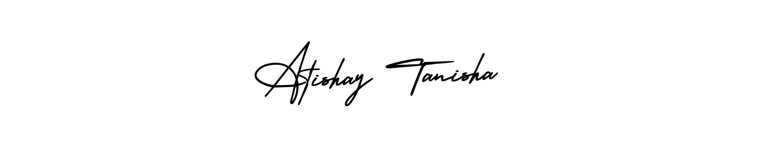 The best way (AmerikaSignatureDemo-Regular) to make a short signature is to pick only two or three words in your name. The name Atishay Tanisha include a total of six letters. For converting this name. Atishay Tanisha signature style 3 images and pictures png