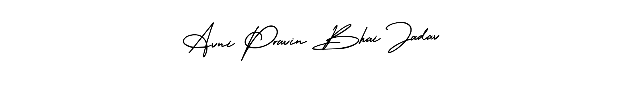 You should practise on your own different ways (AmerikaSignatureDemo-Regular) to write your name (Avni Pravin Bhai Jadav) in signature. don't let someone else do it for you. Avni Pravin Bhai Jadav signature style 3 images and pictures png