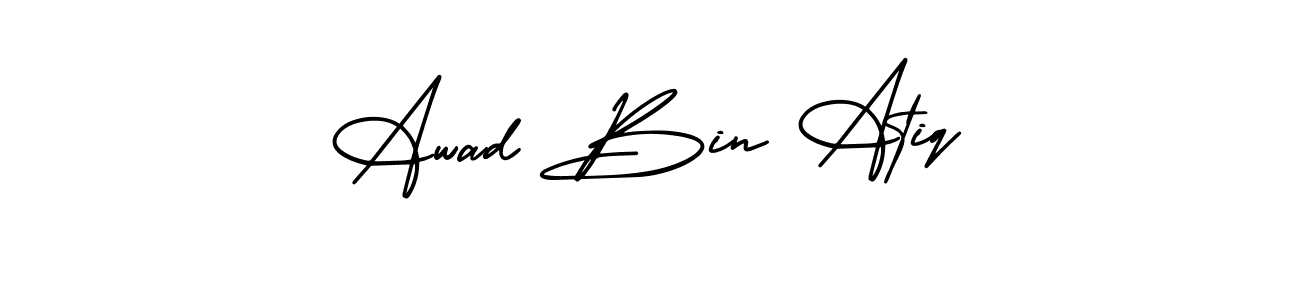 The best way (AmerikaSignatureDemo-Regular) to make a short signature is to pick only two or three words in your name. The name Awad Bin Atiq include a total of six letters. For converting this name. Awad Bin Atiq signature style 3 images and pictures png