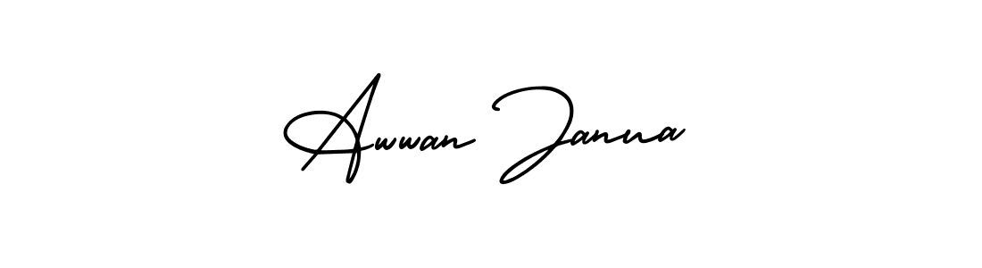 You should practise on your own different ways (AmerikaSignatureDemo-Regular) to write your name (Awwan Janua) in signature. don't let someone else do it for you. Awwan Janua signature style 3 images and pictures png