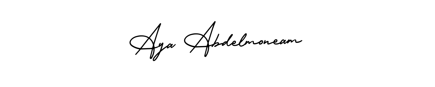 The best way (AmerikaSignatureDemo-Regular) to make a short signature is to pick only two or three words in your name. The name Aya Abdelmoneam include a total of six letters. For converting this name. Aya Abdelmoneam signature style 3 images and pictures png