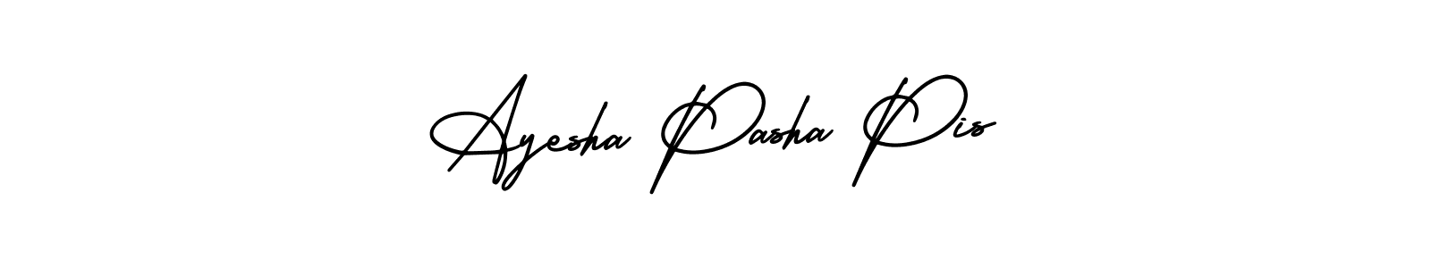 You should practise on your own different ways (AmerikaSignatureDemo-Regular) to write your name (Ayesha Pasha Pis) in signature. don't let someone else do it for you. Ayesha Pasha Pis signature style 3 images and pictures png