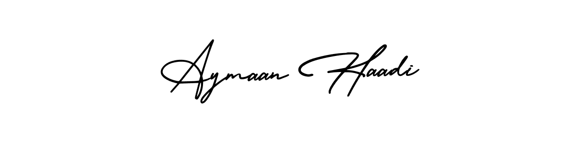 The best way (AmerikaSignatureDemo-Regular) to make a short signature is to pick only two or three words in your name. The name Aymaan Haadi include a total of six letters. For converting this name. Aymaan Haadi signature style 3 images and pictures png