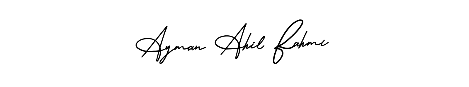 This is the best signature style for the Ayman Ahil Fahmi name. Also you like these signature font (AmerikaSignatureDemo-Regular). Mix name signature. Ayman Ahil Fahmi signature style 3 images and pictures png