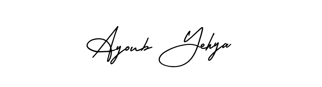 The best way (AmerikaSignatureDemo-Regular) to make a short signature is to pick only two or three words in your name. The name Ayoub Yehya include a total of six letters. For converting this name. Ayoub Yehya signature style 3 images and pictures png