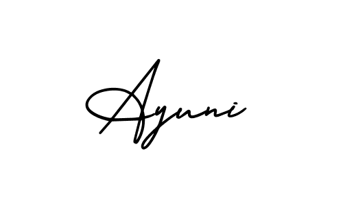 The best way (AmerikaSignatureDemo-Regular) to make a short signature is to pick only two or three words in your name. The name Ayuni include a total of six letters. For converting this name. Ayuni signature style 3 images and pictures png