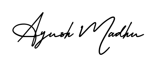 The AmerikaSignatureDemo-Regular font transforms the name Ayush Madhu into an executive sign with sharp precision and distinguished character. Ayush Madhu signature style 3 images and pictures png