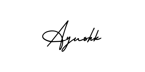 You should practise on your own different ways (AmerikaSignatureDemo-Regular) to write your name (Ayushk) in signature. don't let someone else do it for you. Ayushk signature style 3 images and pictures png