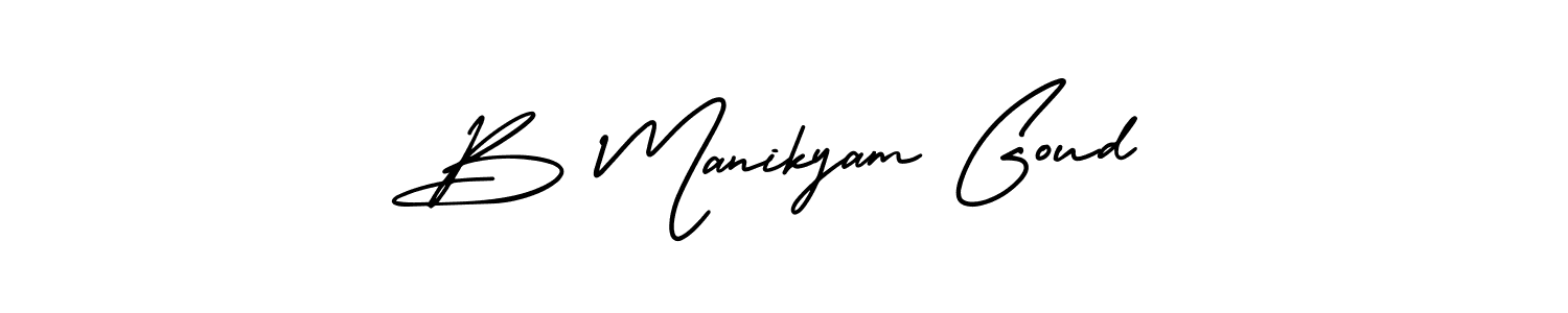 You should practise on your own different ways (AmerikaSignatureDemo-Regular) to write your name (B Manikyam Goud) in signature. don't let someone else do it for you. B Manikyam Goud signature style 3 images and pictures png