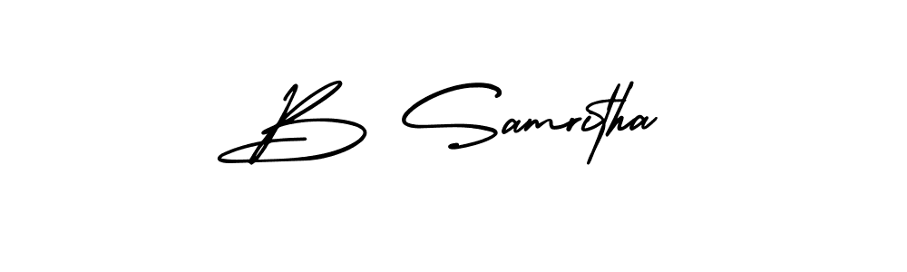 You should practise on your own different ways (AmerikaSignatureDemo-Regular) to write your name (B Samritha) in signature. don't let someone else do it for you. B Samritha signature style 3 images and pictures png