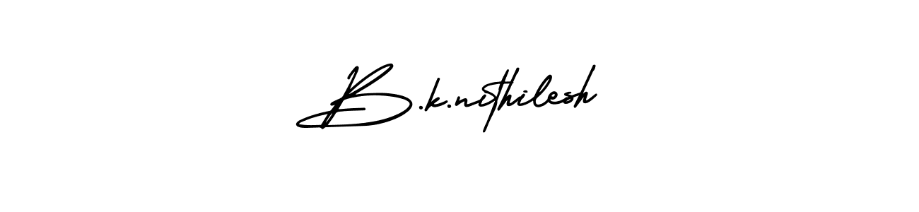 You should practise on your own different ways (AmerikaSignatureDemo-Regular) to write your name (B.k.nithilesh) in signature. don't let someone else do it for you. B.k.nithilesh signature style 3 images and pictures png