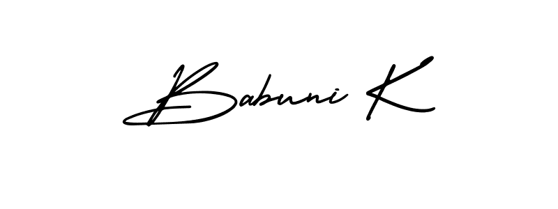 You should practise on your own different ways (AmerikaSignatureDemo-Regular) to write your name (Babuni K) in signature. don't let someone else do it for you. Babuni K signature style 3 images and pictures png