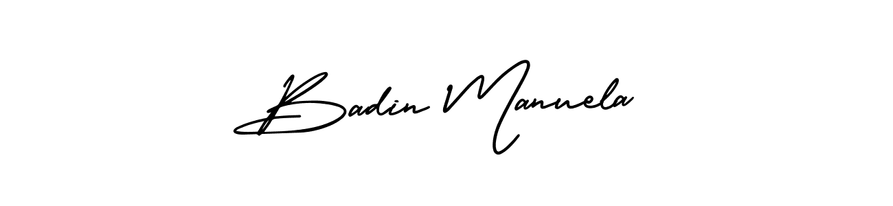 You should practise on your own different ways (AmerikaSignatureDemo-Regular) to write your name (Badin Manuela) in signature. don't let someone else do it for you. Badin Manuela signature style 3 images and pictures png