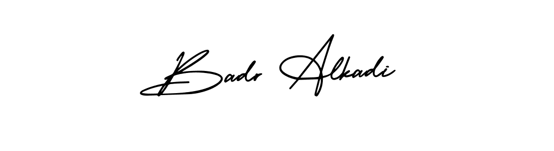 You should practise on your own different ways (AmerikaSignatureDemo-Regular) to write your name (Badr Alkadi) in signature. don't let someone else do it for you. Badr Alkadi signature style 3 images and pictures png