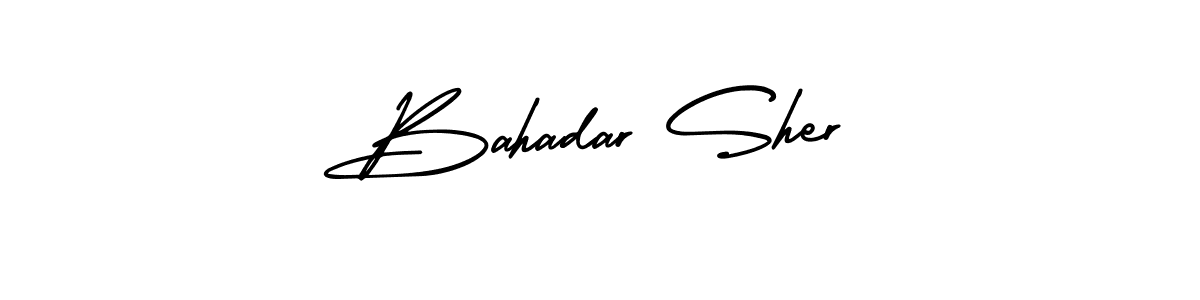 You should practise on your own different ways (AmerikaSignatureDemo-Regular) to write your name (Bahadar Sher) in signature. don't let someone else do it for you. Bahadar Sher signature style 3 images and pictures png