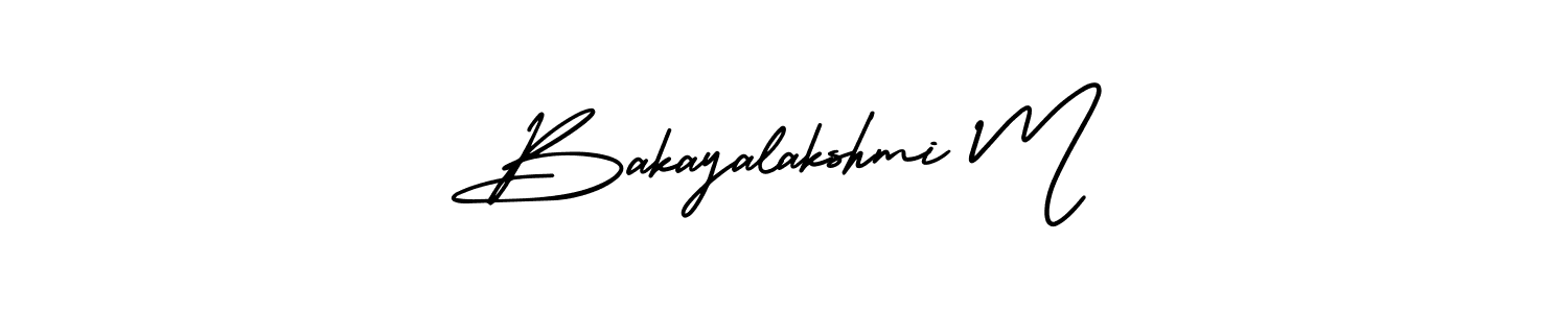 You should practise on your own different ways (AmerikaSignatureDemo-Regular) to write your name (Bakayalakshmi M) in signature. don't let someone else do it for you. Bakayalakshmi M signature style 3 images and pictures png