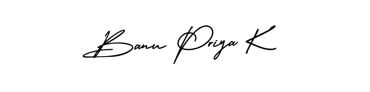 You should practise on your own different ways (AmerikaSignatureDemo-Regular) to write your name (Banu Priya K) in signature. don't let someone else do it for you. Banu Priya K signature style 3 images and pictures png