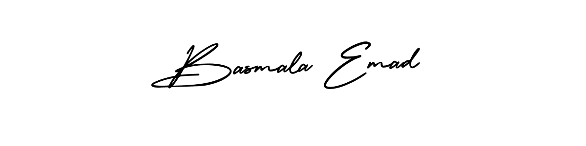You should practise on your own different ways (AmerikaSignatureDemo-Regular) to write your name (Basmala Emad) in signature. don't let someone else do it for you. Basmala Emad signature style 3 images and pictures png