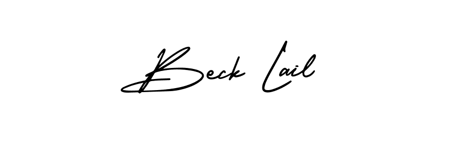 You should practise on your own different ways (AmerikaSignatureDemo-Regular) to write your name (Beck Lail) in signature. don't let someone else do it for you. Beck Lail signature style 3 images and pictures png