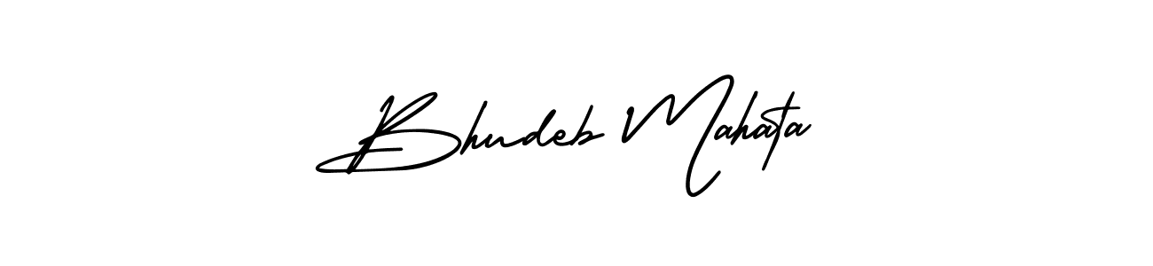 You should practise on your own different ways (AmerikaSignatureDemo-Regular) to write your name (Bhudeb Mahata) in signature. don't let someone else do it for you. Bhudeb Mahata signature style 3 images and pictures png