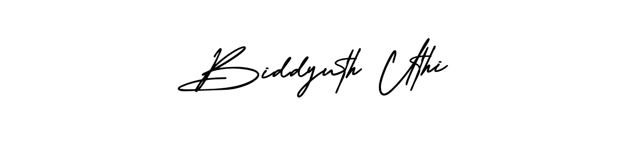 The best way (AmerikaSignatureDemo-Regular) to make a short signature is to pick only two or three words in your name. The name Biddyuth Uthi include a total of six letters. For converting this name. Biddyuth Uthi signature style 3 images and pictures png