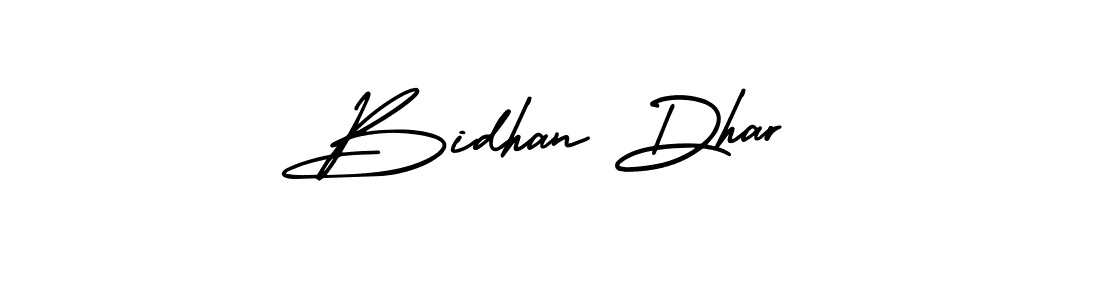 The best way (AmerikaSignatureDemo-Regular) to make a short signature is to pick only two or three words in your name. The name Bidhan Dhar include a total of six letters. For converting this name. Bidhan Dhar signature style 3 images and pictures png