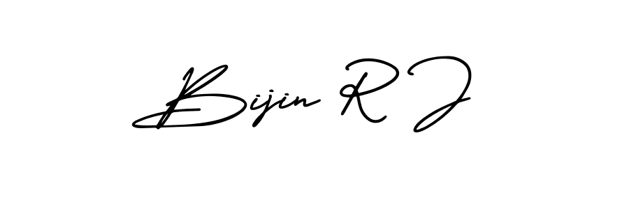 You should practise on your own different ways (AmerikaSignatureDemo-Regular) to write your name (Bijin R J) in signature. don't let someone else do it for you. Bijin R J signature style 3 images and pictures png