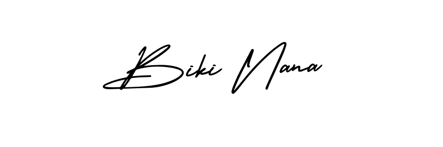 You should practise on your own different ways (AmerikaSignatureDemo-Regular) to write your name (Biki Nana) in signature. don't let someone else do it for you. Biki Nana signature style 3 images and pictures png