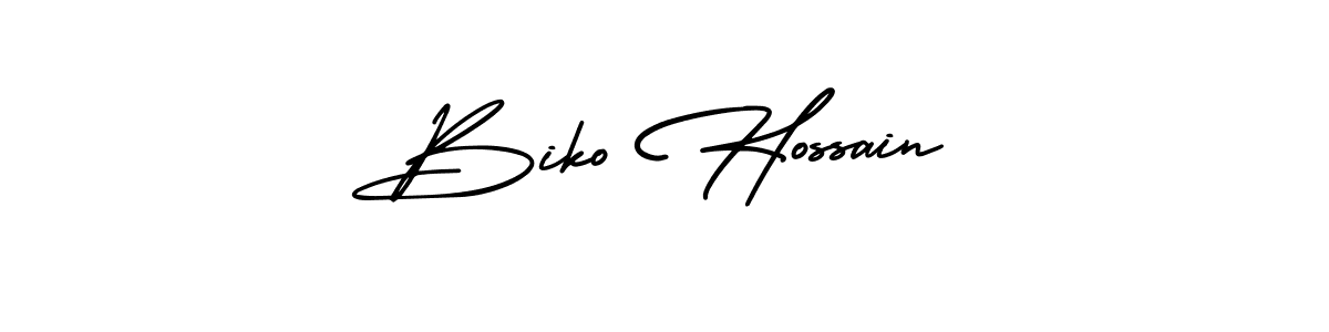 You should practise on your own different ways (AmerikaSignatureDemo-Regular) to write your name (Biko Hossain) in signature. don't let someone else do it for you. Biko Hossain signature style 3 images and pictures png