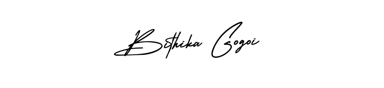 The best way (AmerikaSignatureDemo-Regular) to make a short signature is to pick only two or three words in your name. The name Bithika Gogoi include a total of six letters. For converting this name. Bithika Gogoi signature style 3 images and pictures png