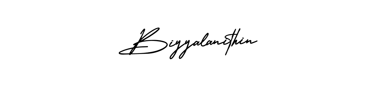 You should practise on your own different ways (AmerikaSignatureDemo-Regular) to write your name (Biyyalanithin) in signature. don't let someone else do it for you. Biyyalanithin signature style 3 images and pictures png