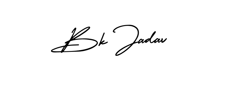 You should practise on your own different ways (AmerikaSignatureDemo-Regular) to write your name (Bk Jadav) in signature. don't let someone else do it for you. Bk Jadav signature style 3 images and pictures png