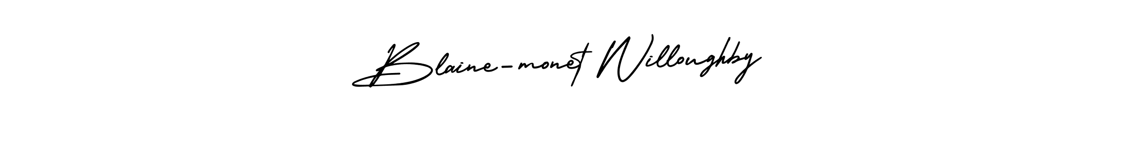 The best way (AmerikaSignatureDemo-Regular) to make a short signature is to pick only two or three words in your name. The name Blaine-monet Willoughby include a total of six letters. For converting this name. Blaine-monet Willoughby signature style 3 images and pictures png