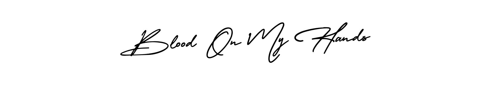 You should practise on your own different ways (AmerikaSignatureDemo-Regular) to write your name (Blood On My Hands) in signature. don't let someone else do it for you. Blood On My Hands signature style 3 images and pictures png