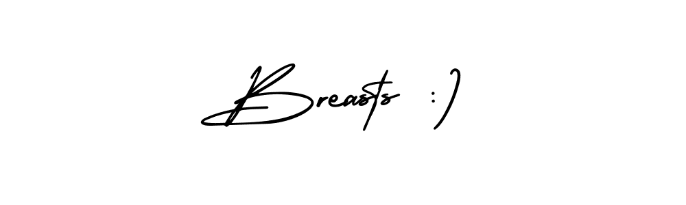 The best way (AmerikaSignatureDemo-Regular) to make a short signature is to pick only two or three words in your name. The name Breasts :) include a total of six letters. For converting this name. Breasts :) signature style 3 images and pictures png