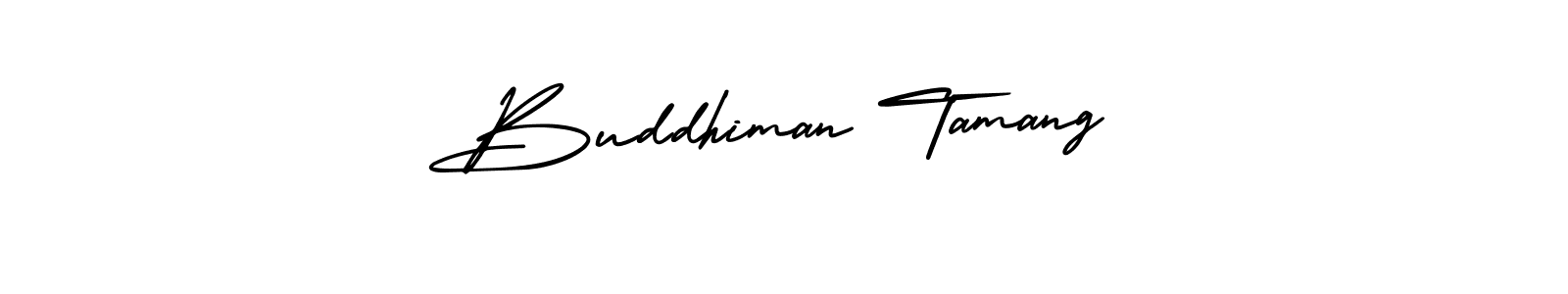 You should practise on your own different ways (AmerikaSignatureDemo-Regular) to write your name (Buddhiman Tamang) in signature. don't let someone else do it for you. Buddhiman Tamang signature style 3 images and pictures png