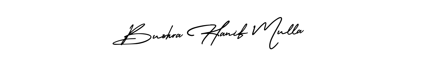 You should practise on your own different ways (AmerikaSignatureDemo-Regular) to write your name (Bushra Hanif Mulla) in signature. don't let someone else do it for you. Bushra Hanif Mulla signature style 3 images and pictures png