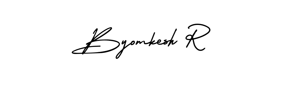 You should practise on your own different ways (AmerikaSignatureDemo-Regular) to write your name (Byomkesh R) in signature. don't let someone else do it for you. Byomkesh R signature style 3 images and pictures png