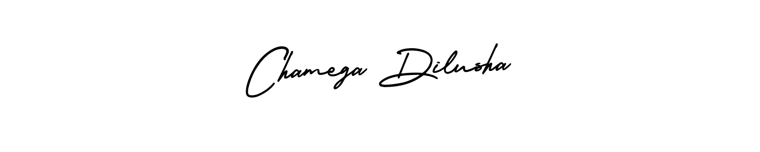 You should practise on your own different ways (AmerikaSignatureDemo-Regular) to write your name (Chamega Dilusha) in signature. don't let someone else do it for you. Chamega Dilusha signature style 3 images and pictures png