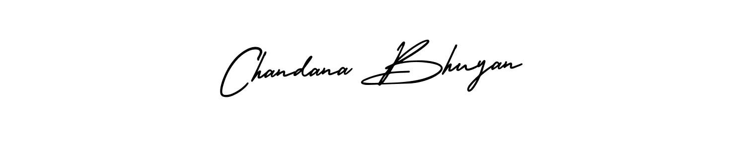 You should practise on your own different ways (AmerikaSignatureDemo-Regular) to write your name (Chandana Bhuyan) in signature. don't let someone else do it for you. Chandana Bhuyan signature style 3 images and pictures png