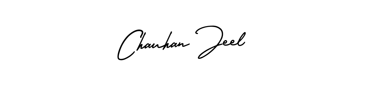 You should practise on your own different ways (AmerikaSignatureDemo-Regular) to write your name (Chauhan Jeel) in signature. don't let someone else do it for you. Chauhan Jeel signature style 3 images and pictures png