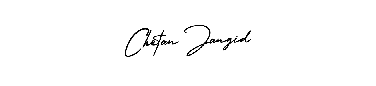 You should practise on your own different ways (AmerikaSignatureDemo-Regular) to write your name (Chetan Jangid) in signature. don't let someone else do it for you. Chetan Jangid signature style 3 images and pictures png