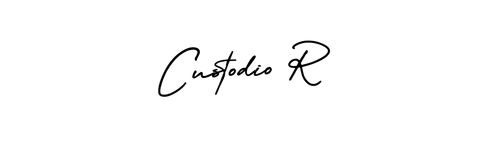 You should practise on your own different ways (AmerikaSignatureDemo-Regular) to write your name (Custodio R) in signature. don't let someone else do it for you. Custodio R signature style 3 images and pictures png