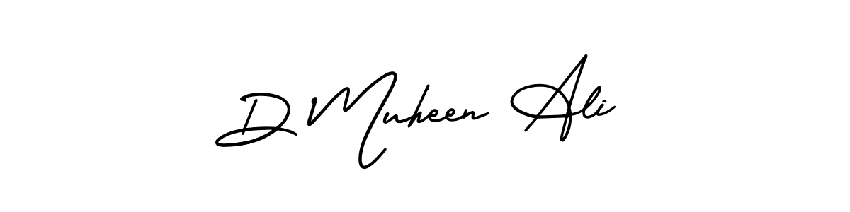 You should practise on your own different ways (AmerikaSignatureDemo-Regular) to write your name (D Muheen Ali) in signature. don't let someone else do it for you. D Muheen Ali signature style 3 images and pictures png