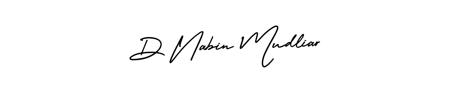 You should practise on your own different ways (AmerikaSignatureDemo-Regular) to write your name (D Nabin Mudliar) in signature. don't let someone else do it for you. D Nabin Mudliar signature style 3 images and pictures png