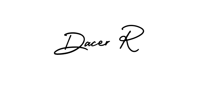 You should practise on your own different ways (AmerikaSignatureDemo-Regular) to write your name (Dacer R) in signature. don't let someone else do it for you. Dacer R signature style 3 images and pictures png