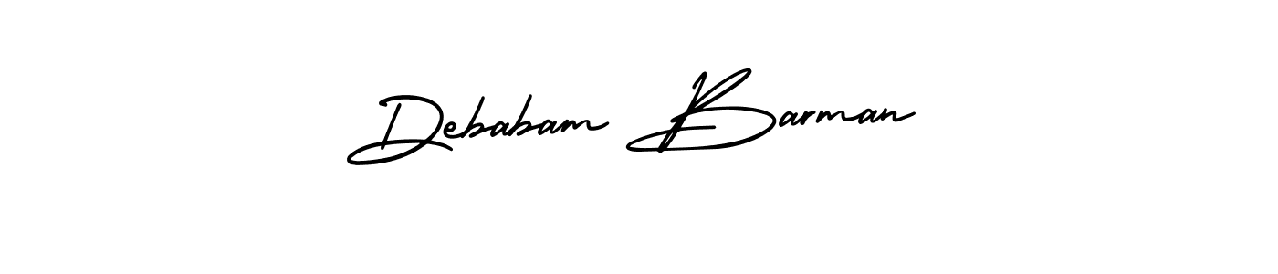 You should practise on your own different ways (AmerikaSignatureDemo-Regular) to write your name (Debabam Barman) in signature. don't let someone else do it for you. Debabam Barman signature style 3 images and pictures png