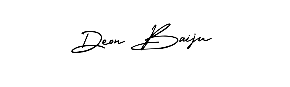 You should practise on your own different ways (AmerikaSignatureDemo-Regular) to write your name (Deon Baiju) in signature. don't let someone else do it for you. Deon Baiju signature style 3 images and pictures png